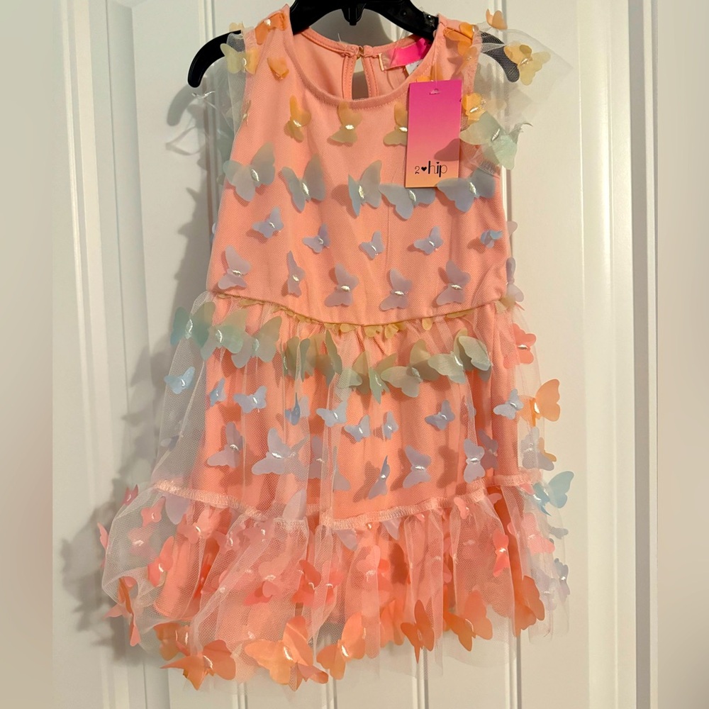 Adorable 2 Hip girls size 2T pink tulle 3D butterfly dress NWT